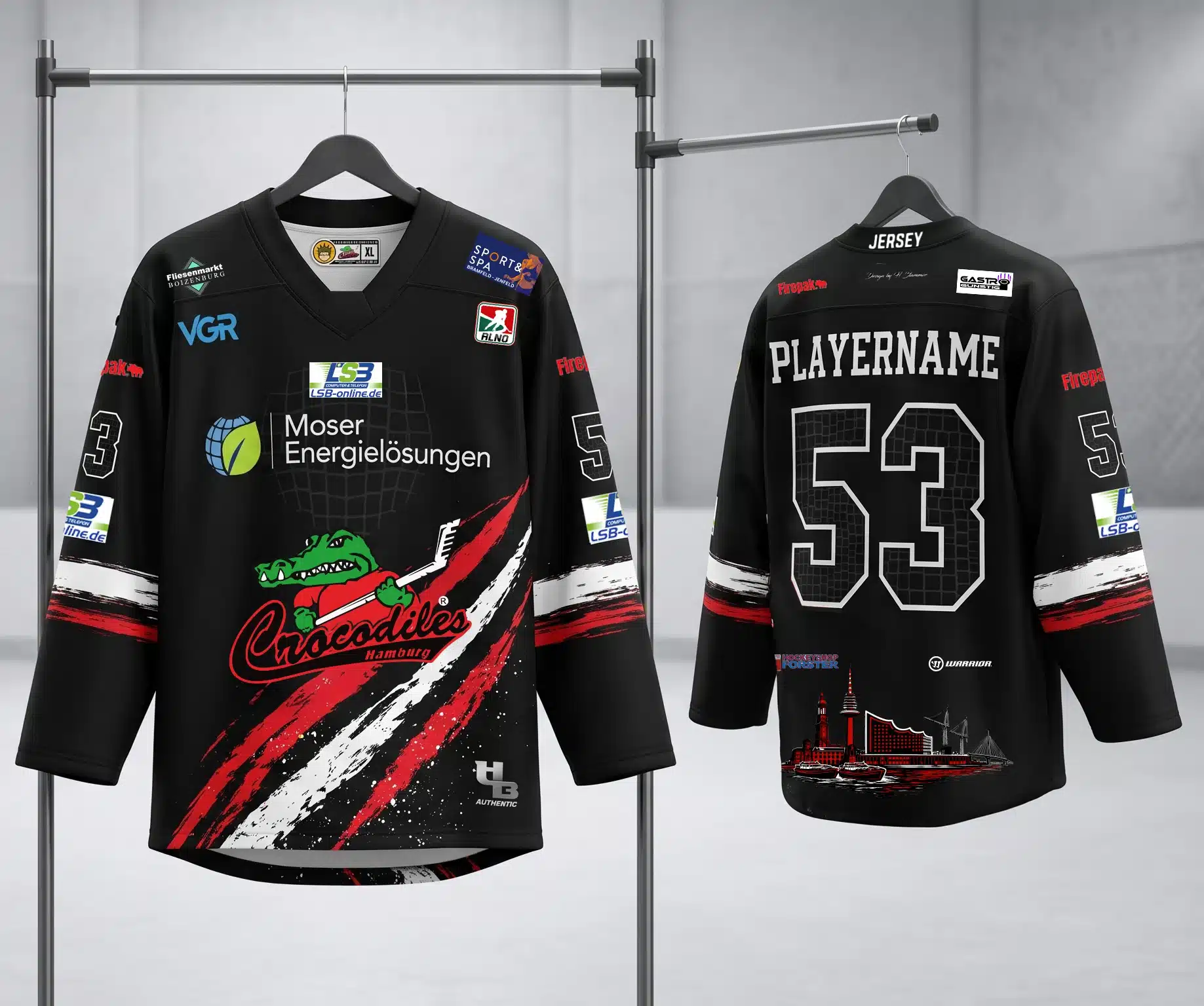 Heimtrikot der Crocodiles Hamburg, bedruckt von JammiFashion